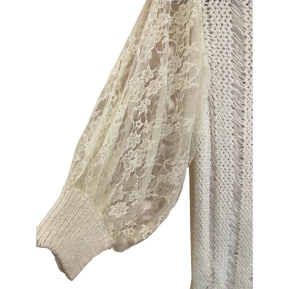 Sioni Sweater Cream Ladder Knit Lace Balloon Sleeve Boho Semi Sheer Romantic M - Picture 4 of 12